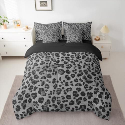 Feelyou Gray Leopard Comforter Set Queen Size 7 Pieces Cheetah Fur