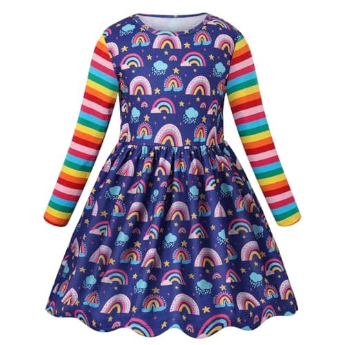 Girls Rainbow Dress, Soft Twirly Stretchy Casual Dress with Pockets Ruffle Long Sleeve for Toddler/Little/Big Kid Girls Clothing 7T