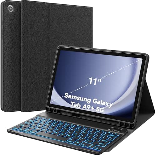 CHESONA Keyboard Case for Samsung Galaxy Tab A9 Plus/A9+ 5G 11 inch (SM-X210/X216/X218), 7-Color Backlit & Detachable Wireless Keyboard, Flip Stand Case & Pencil Holder, Slim Folio PU Cover, Black