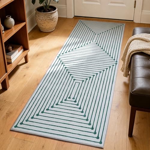 YIHOUSE 2x6 Kitchen Runner Rug Non Slip Washable, 6ft Green Rug Runners for Entryway Hallway Non Skid, Modern Geometric Striped Carpet Runner for Bathroom Bedroom Laundry Room