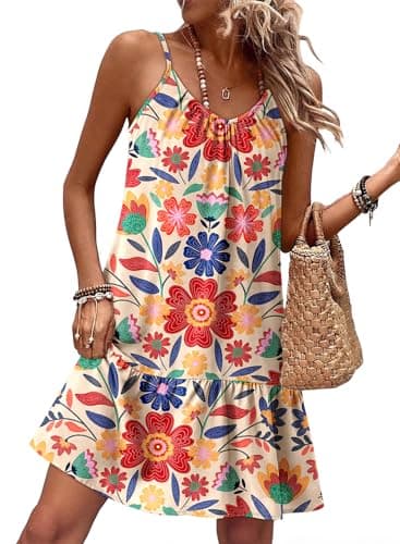 Dokotoo Dresses for Women 2026 Elegant Classy Scoop Neck Summer Floral Dress Sleeveless Spaghetti Strap Sundresses Ruffle A Line Casual Cocktail Dresses for Women Evening Party Multicolour Small