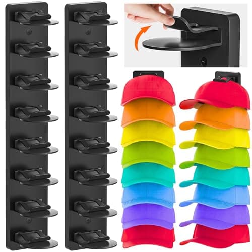 Eiito Hat Organizer for Baseball Caps, 2 Pack Strong Adhesive Hat Rack for Wall, Multilayer Hat Storage Display Holder, Wall Mounted Hat Hooks Hold up to 16 Hats for Closet Door and Bedroom (Black)