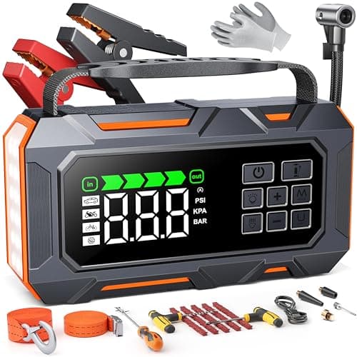 TREKURE 16-in-1 Car Jump Starter with Air Compressor 160PSI, 8000A Jump Starter Jump Box (All Gas 12L Diesel), Jumper Cables Jumper Starter Portable with Car Roadside Emergency Kit, Gloves, Lights