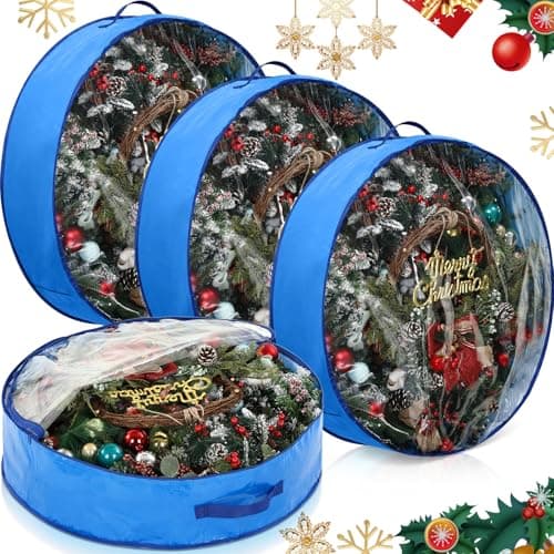 Aliceset 4 Pack Wreath Storage Containers, Ornament Garland Wreath Storage Bags with Handle Zipper Decorative Storages Box for Christmas in July Wreaths(24 x 24 x 7.8 Inch,Blue)