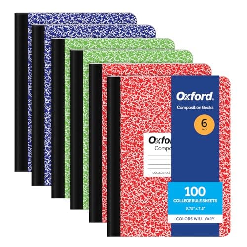 Oxford Composition Notebook 6 Pack, College Ruled Paper, 9-3/4 x 7-1/2 Inches, 100 Sheets, Assorted Marble Covers. 2 Each: Blue, Green, Red (63763)