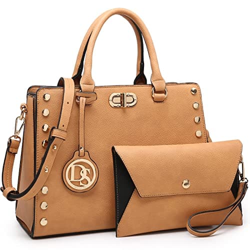 Dasein Women Medium Satchel Handbag Work Tote Shoulder Bag Top Handle Purse with Matching Clutch 2pcs Set (Tan)