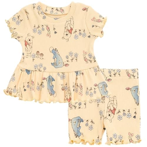 Disney Winnie the Pooh Eeyore Piglet Newborn Baby Girls Peplum T-Shirt and Bike Shorts Outfit Set Yellow 0-3 Months