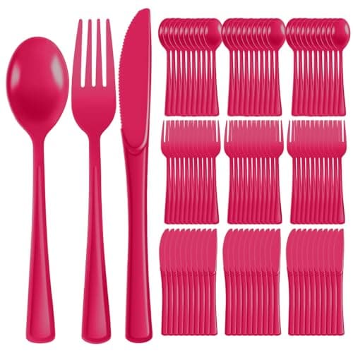 CC-SLZP 300 PCS Hot Pink Plastic Silverware Set Heavy Duty Disposable Cutlery, 50 Forks 50 Knives 50 Spoons Elegant Pink Flatware for Bridal Party, Wedding, Birthday & Garden Party
