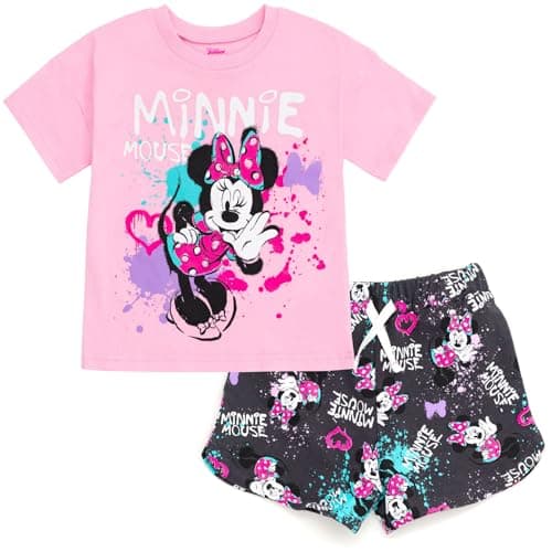Disney Minnie Mouse Little Girls T-Shirt and French Terry Shorts Outfit Set Graffiti Pink 6