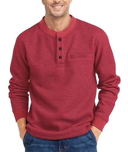 ZITY Long Sleeve Henley Shirts for Men Casual Waffle Thermal Fashion Pullover 3-Button T-Shirt with Pocket,Red XL