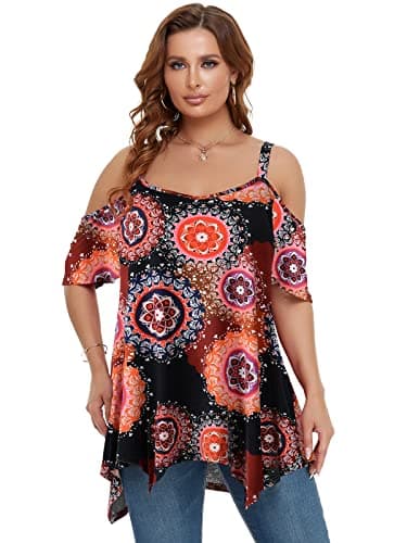 LARACE Cold Shoulder Tops for Womens Summer Clothes Boho Clothing Spaghetti Strape Tunic Asymmetrical Plus Size Blouse(A-Black19 4X)