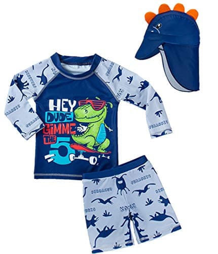 BAOPTEIL Baby Boys Two Pieces Swimsuit Sets Toddler Bathing Suit Rash Guards Sunsuit Swimwear with Hat UPF 50+(Skateboard Dinosaur,2-3 T)