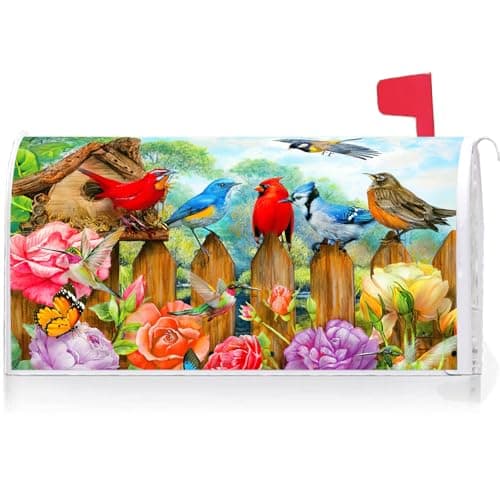 Texupday Spring Summer Floral Fence Bird Butterfly Mailbox Cover with Magnetic Strip Flower Mailbox Wraps Post Letter Box Cover Standard Size 21" X 18" for Garden Outdoor Yard Decor