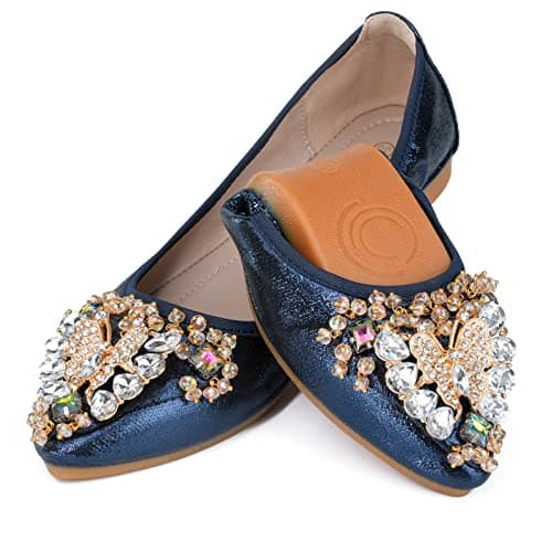 WAMBHC Blue Flats Shoes for Women Bow Rhinestone Pointed Toe Wedding Flats - Foldable Ballet Flat Slip on Flats for Women Dress Comfort - Size 5.5