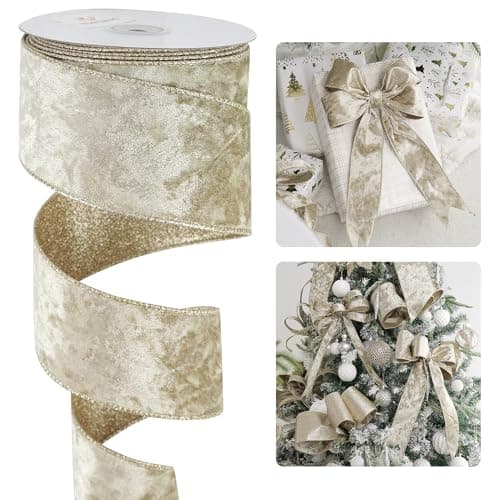 HUIHUANG Champagne Velvet Wired Ribbon 2.5 inch Velvet with Champagne Gold Glitter Christmas Ribbon for Gift Wrapping, Christmas Tree Decorations, Wreaths, Garlands- Continuous 10 Yards