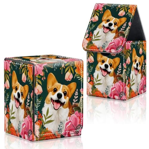 CAPAUNVDA Card Deck Box for MTG Commander Trading Cards with Magnetic Closure,Premium Card Storage Box Case Cover for MTG TCG CCG Magic Cards,Corgi in Flowers