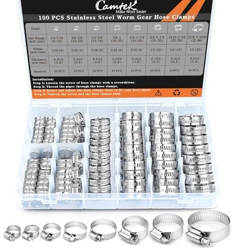 100PCS Hose Clamps, Camtek Stainless Steel Adjustable 6-44mm Range Worm Gear Hose Clamp Duct Clamp Pipe Clamp Fuel Line Clamp for Plumbing, Automotive and Mechanical Applications Assortment Kit