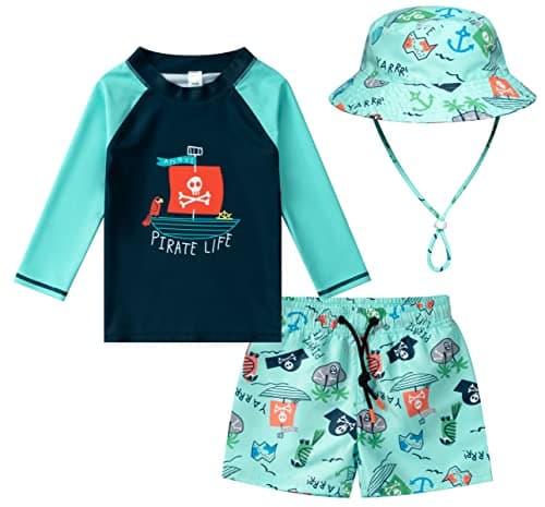 Toddlers and Baby Boys' 3-Piece Swimsuit Trunk Rashguard Set and Sun Hat Swimwear Bathing Suit Sunsuit Swim Shirt UPF 50+ Pirate Ship 12-18 Months