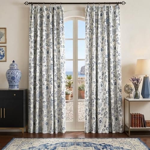 Navy Blue and White Chinoiserie Pinch Pleated Curtains, Thermal Insulated Patterned Blackout Drapes, Toile Inspired Floor to Ceiling Drapery for Living Room Bedroom, 96 Inch Long 2 Panel Set