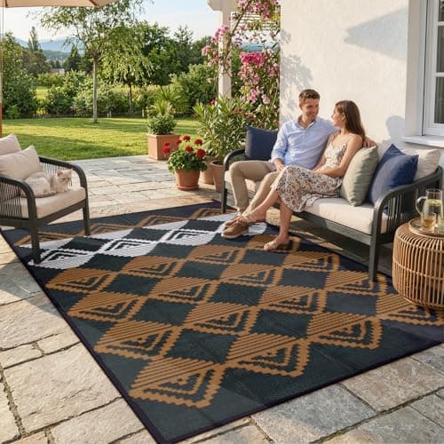 Beeiva RV Outdoor Rug 6x9 Waterproof for Camping, Reversible Plastic Straw Rug for Camper, Porch, Balcony, Foldable Outdoor Mat Black Brown