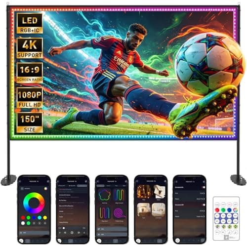150 inch Projector Screen with Stand, USB String Lights Connection 16:9 4K HD Portable Movie Screen Indoor Outdoor,Wrinkle-Free Foldable Projection Screen for Home Theater Backyard, Office, Travel