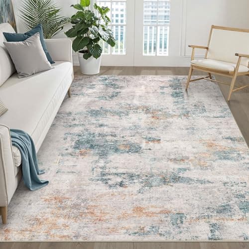 5x7 Area Rugs Living Room: Washable Large Neutral Aqua Brown Rug Abstract Soft Modern Stain Resistant Indoor Floor Non-Slip Carpet for Bedroom Nursery Kids Office Playroom Dining Room Under Table