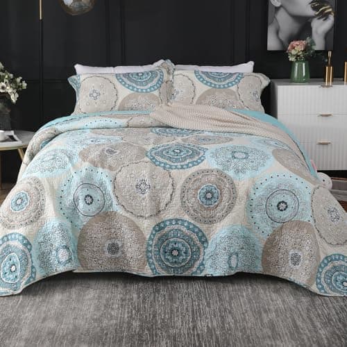 WINLIFE 100% Cotton Quilt Set, Queen Size 90''x98'', Mandala Medallion