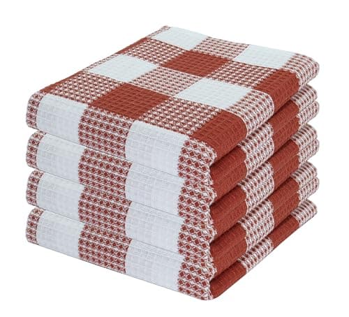Waffle Weave Plaid Dish Cloth, DishTowel 15x25"Set of 4 - Rust & White