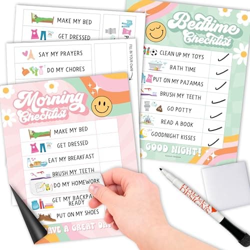 Magnetic Morning & Bedtime Routine Chart for Kids - Customizable Toddler Daily Schedule Board with Dry Erase Surface, Stickers & Marker, Build Habits with Visual Checklists, Retro Theme