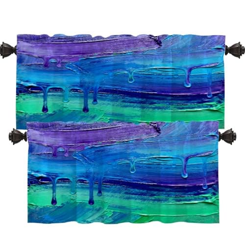 Shrahala Abstract Colorful Kitchen Valances Half Window Curtain, Blue Artistic Modern Abstract Painting Fine Colorful Brush Kitchen Valance for Window Ink Printing Valance for Decor 52x18 inch(2pcs)