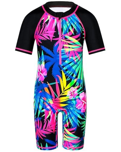TFJH E Girls One Piece Swimsuit UPF 50+ Short Sleeve Zip Front, Black Floral for Summer Beach Bathing Suit 5-6 Years