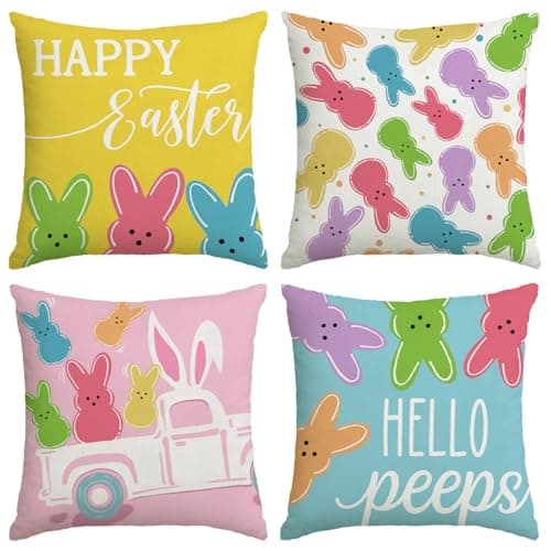 YOSICHY Easter Decorations for Home, Easter Pillow Covers 18x18 Inch, Set of 4 Happy Easter Hello Peeps Bunny Truck Pink Blue Yellow Decorative Throw Pillow Cover Farmhouse Decor