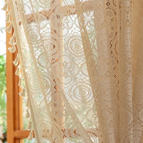Kotile Beige Lace Boho Curtains with Tassels, 60 x 80 Inch, 1 Panel