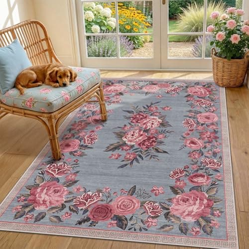 Entryway Kitchen 4x6 Washable Non-Slip Kid Friendly Dusty Blue Rug, Romantic Blush Pink Rose Border Cottagecore Carpet, Low Profile Mat for Living Room Bedroom