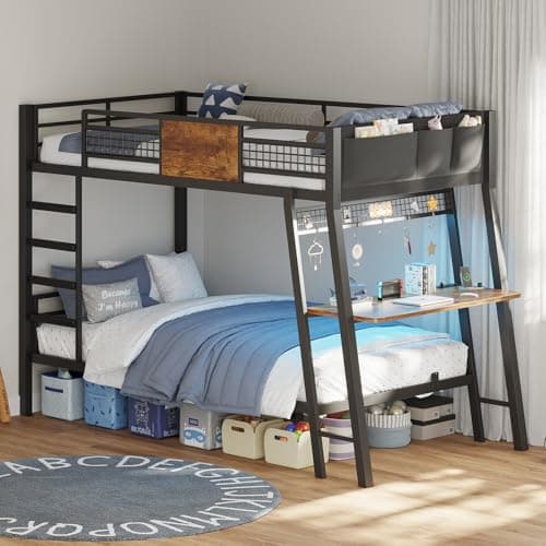 HAUOMS Bunk Bed for Small Space, Twin Over Twin Bunk Beds with Desk, Power Outlets, RGB LED Lights, Storage, Metal Beds with Safety Guardrail & Ladders, No Box Spring Needed (Rustic Brown, No Drawer)