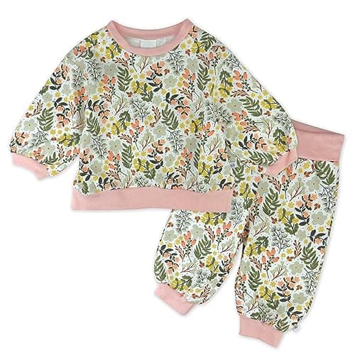 HonestBaby Baby-Girls 2-Piece Crewneck Sweatshirt and Sweatpant Set 100% Organic Cotton for Toddler, Baby Girls, Scottish Ivy, 0-3 Months