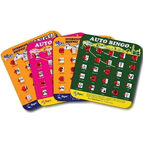 Regal Games Finger-Tip Shutter Bingo Cards with Sliding Windows - Interstate Bingo & Auto Bingo Game - Assorted Colors Travel Game Bingo Set Kids - Reusable, No Chips & Daubers Needed - 4 Packs