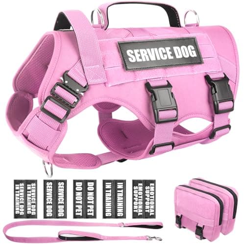 WINSEE Tactical Dog Harness with Dog Leash, Service Working MOLLE Vest with 10 Pet Patches for Dog, No Pull Military Harness and Backpack for Training Hunting Walking