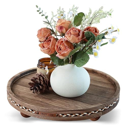Farmhouse Decorative Round Tray, 11.81 Inch, Versatile Centerpiece Tray for Coffee Table Kitchen Living Room Bathroom, Home Decor Accent Rustic + Stripes