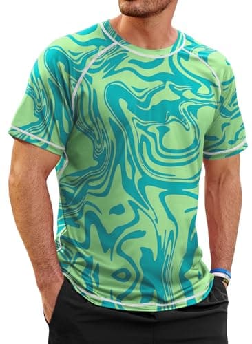 ERECT PEAK Mens Crewneck Athletic Tshirt Gym Flexible Shirt Rash Guard SPF Upf50+ Sun Protection Uv Protection Swim Water Bathing Surf Surfing Beach Dry Fit Teeshirts Green - Water Ripples XL