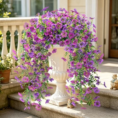 Der Rose 4Pcs Artificial Flowers for Outdoors 29.5'' Faux Hanging Flowers for Outdoor Planters, Fake Outdoor Flowers with Light&Dark Purple Cascading Blooms for Porch Patio Garden Front Door Decor