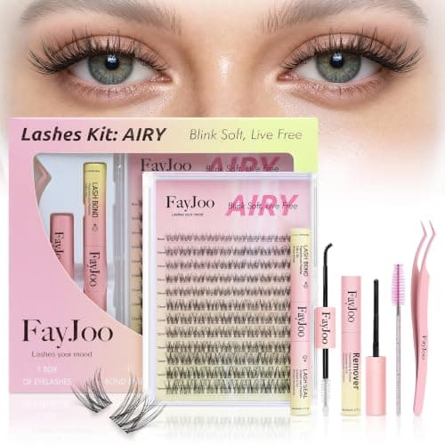 Fayjoo Wispy Natural Lash Clusters Kit DIY Eyelash Extensions with Clear Band Waterproof 8-16mm C-Curl Individual Lashes with Bond & Seal, Tweezers, Remover for Beginners (Airy)