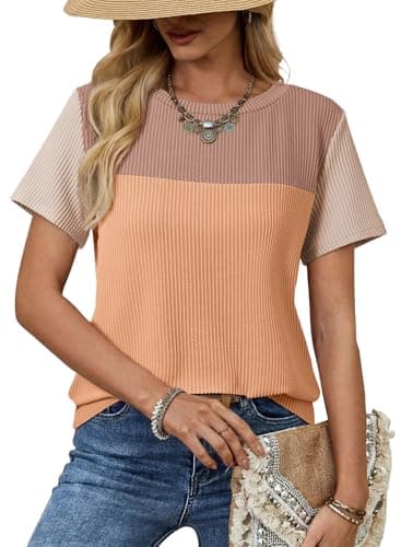Dokotoo Womens Shirts Color Block Short Top Cute Pullover Ladies Tees & Blouse Spring Summer Business Casual t Shirts Blouses for Women Fashion 2025 Khaki Medium
