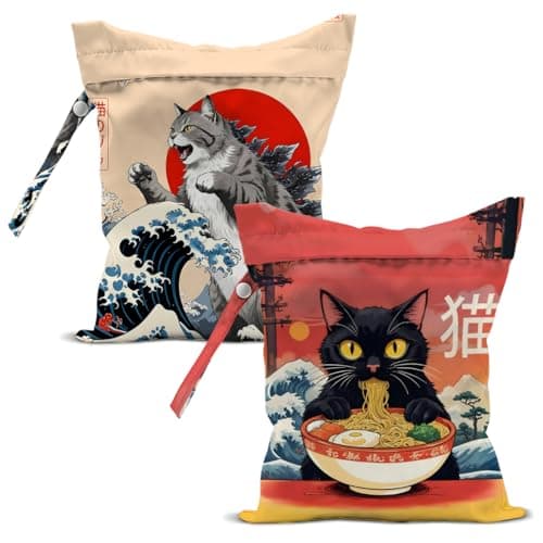 2 Pcs Funny Japanese Cat Wet Bags Birthday Beach Gift Reusable Zipper Pouch