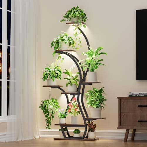 EVAWOO Plant Stand Indoor with Grow Lights - 8 Tiered Corner Plant Shelf Indoor, 65" Tall Lighted Plant Holder for House, Black