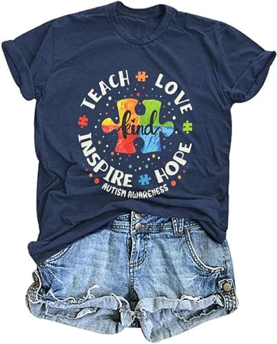 Autism Awareness Shirt Women Special Education Teacher T Shirt Short Sleeve Puzzle Piece Graphic Tee Tops Dark Blue