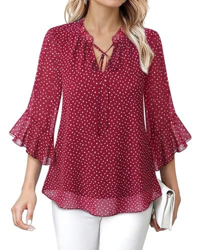 Lotusmile Work Shirts for Women: Red Polka Dot Top - Chiffon Blouses for Women Dressy Casual 3/4 Sleeve Tops Spring Summer Red Blouse Ruffle Neck Office Work Shirt Womens Business Casual Clothing