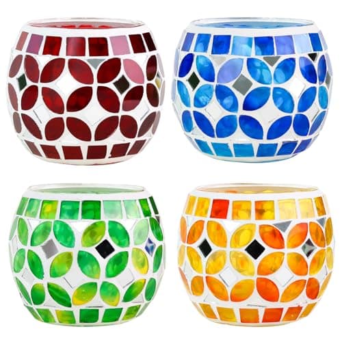 SHMILMH Mosaic Candle Holders Set of 4, Handmade Glass Tealight Votive Holders, Vibrant Red Yellow Blue Green for Diwali Christmas Wedding Party Decor, Year-Round Festive Centerpiece