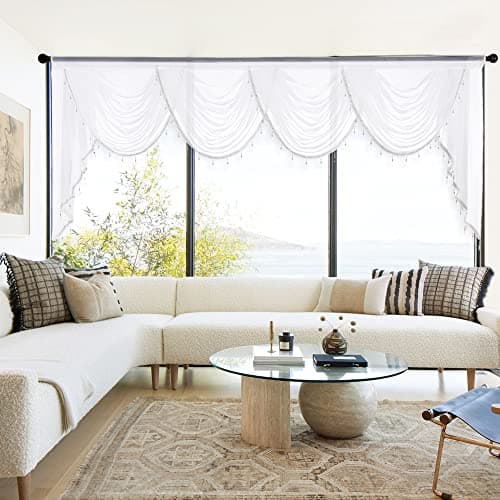 NICETOWN Semi Sheer Valance Curtain for Living Room, Rod Pocket Voile Beaded Swag Window Valance for Girls Bedroom Waterfall Sheer Curtains for Home Decor, 1 Panel, 98" Wide