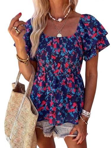 Women's Summer Peplum Tops Square Neck Ruffle Trim Short Sleeve Blouse Smocked Top Dressy Casual Shirts Blue Floral S